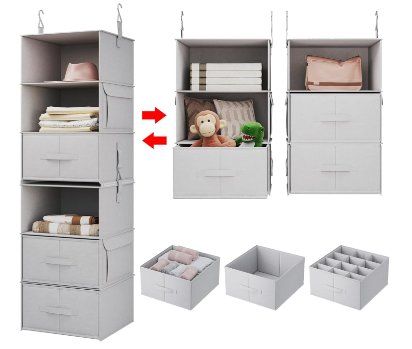 6-Shelf Hanging Closet Organizer, 2 Separable 3-Shelf Hanging Shelves with 3 Drawers